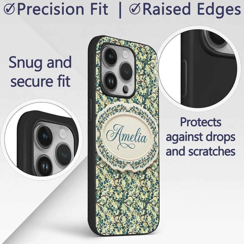 Blue Floral Branch Vintage Blossom Printed Design Custom Name Protective Phone Case Mobile Cover Durable Everyday Smartphone Shock Resistant