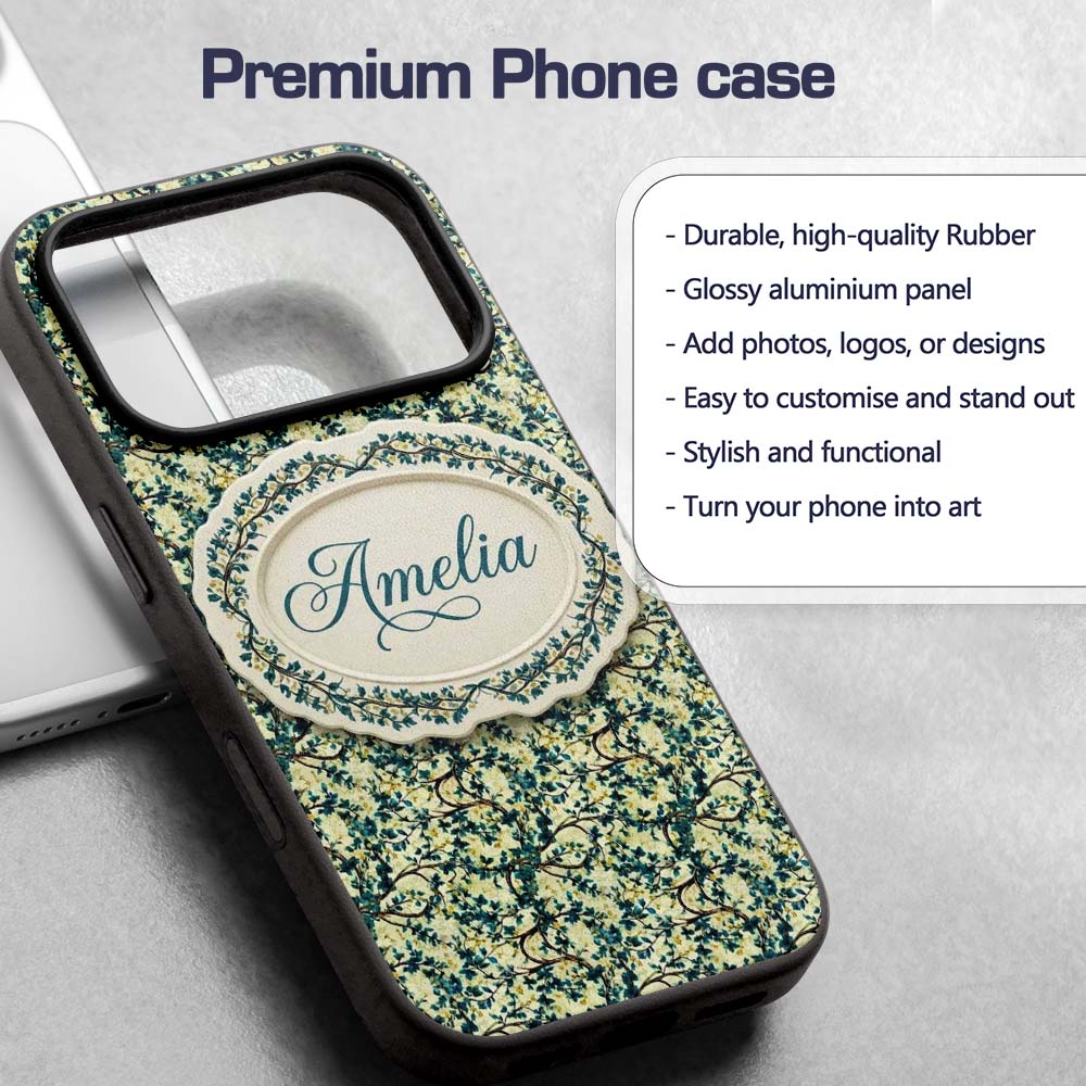 Blue Floral Branch Vintage Blossom Printed Design Custom Name Protective Phone Case Mobile Cover Durable Everyday Smartphone Shock Resistant
