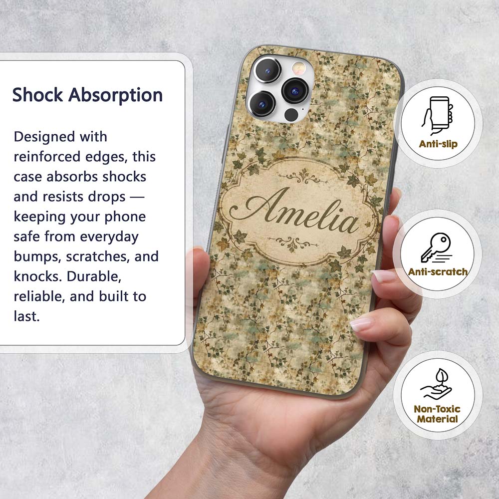 Vintage Ivy Vine Distressed Wall Texture Seamless Custom Name Protective Phone Case Mobile Cover Durable Everyday Smartphone Shock Resistant