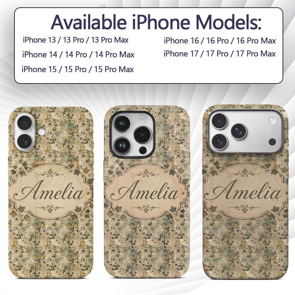 Vintage Ivy Vine Distressed Wall Texture Seamless Custom Name Protective Phone Case Mobile Cover Durable Everyday Smartphone Shock Resistant