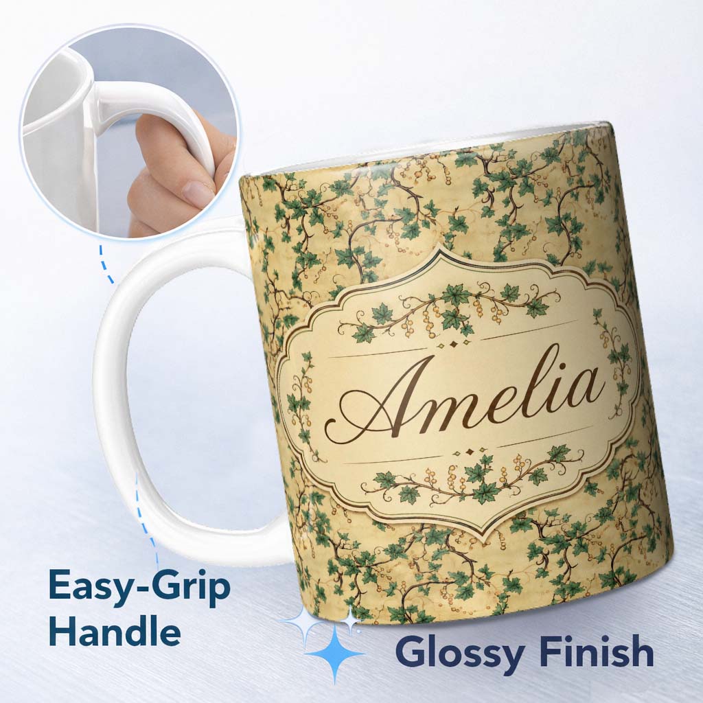 Personalized Custom Name Elegant Grape Vine Branch Beige Background Seamless Pattern Name 11oz Ceramic Coffee Tea Mug White Large Handle
