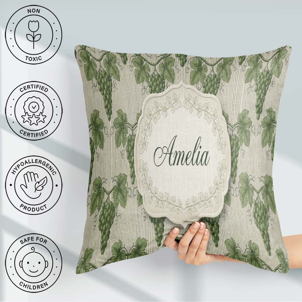 Custom Name Lush Green Grape Cluster Vineyard Seamless Name Cute Square Filled Cushion Throw Pillow Sofa Bed Home Decor Zip Washable UK Made