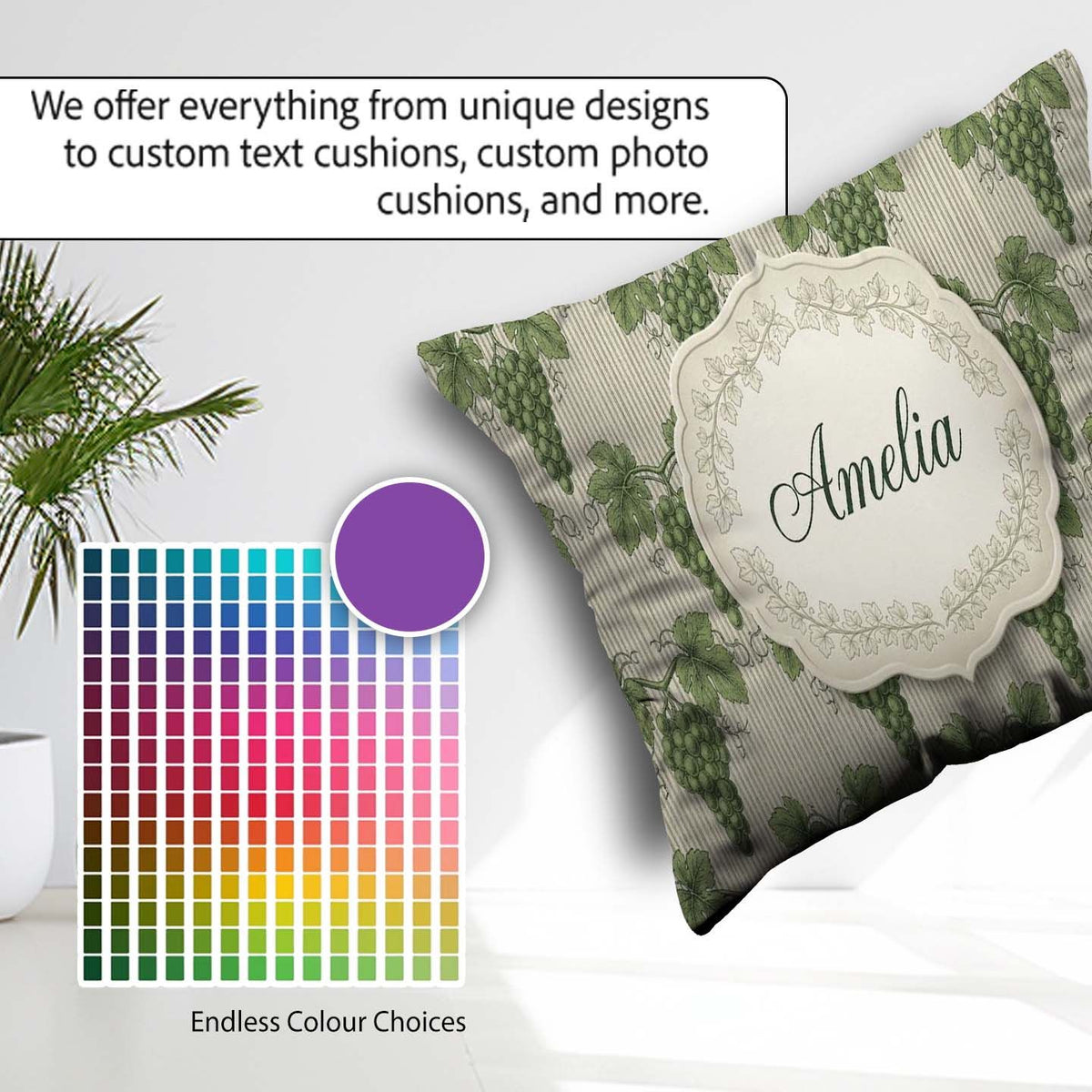 Custom Name Lush Green Grape Cluster Vineyard Seamless Name Cute Square Filled Cushion Throw Pillow Sofa Bed Home Decor Zip Washable UK Made