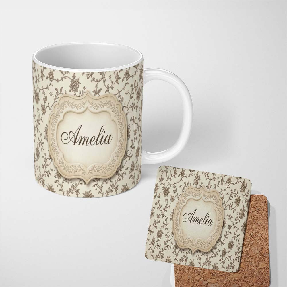 Personalized Custom Name Autumn Floral Leaf Swirl Cream Seamless Pattern Name Cute Unique 11oz Ceramic Coffee Tea Mug White Large Handle