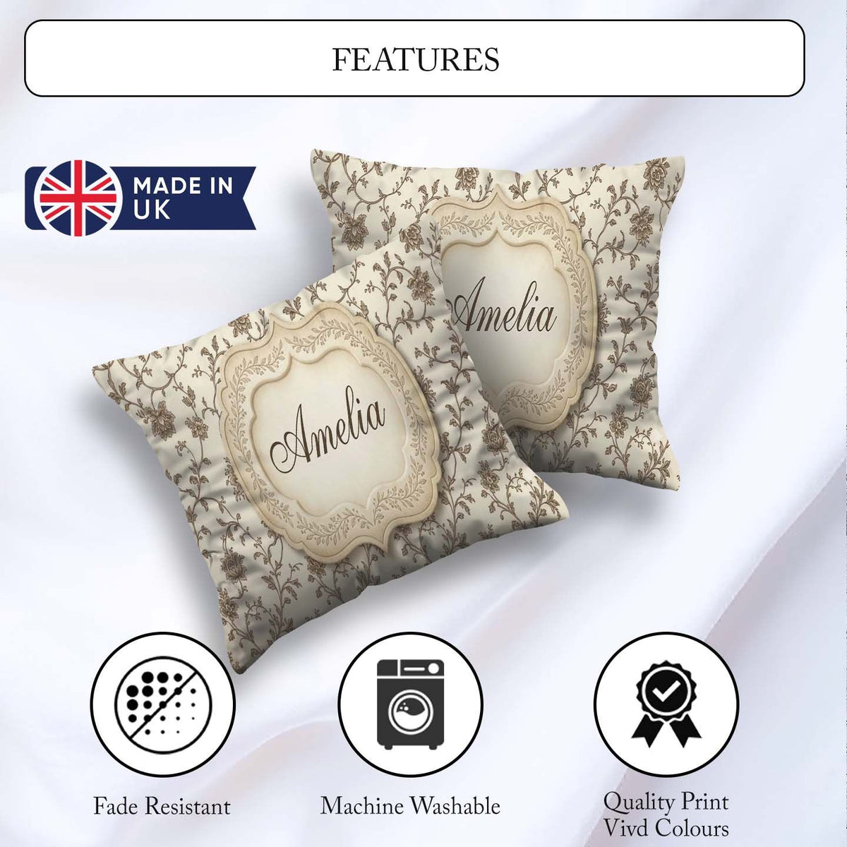 Custom Name Autumn Floral Leaf Swirl Cream Seamless Pattern Name Square Filled Cushion Throw Pillow Sofa Bed Home Decor Zip Washable UK Made