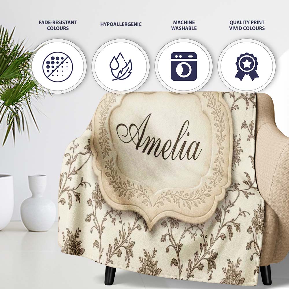 Autumn Floral Leaf Swirl Cream Seamless Pattern Name Cute Unique Personalised Custom Name Super Soft Fleece Blanket Bed Sofa Throw