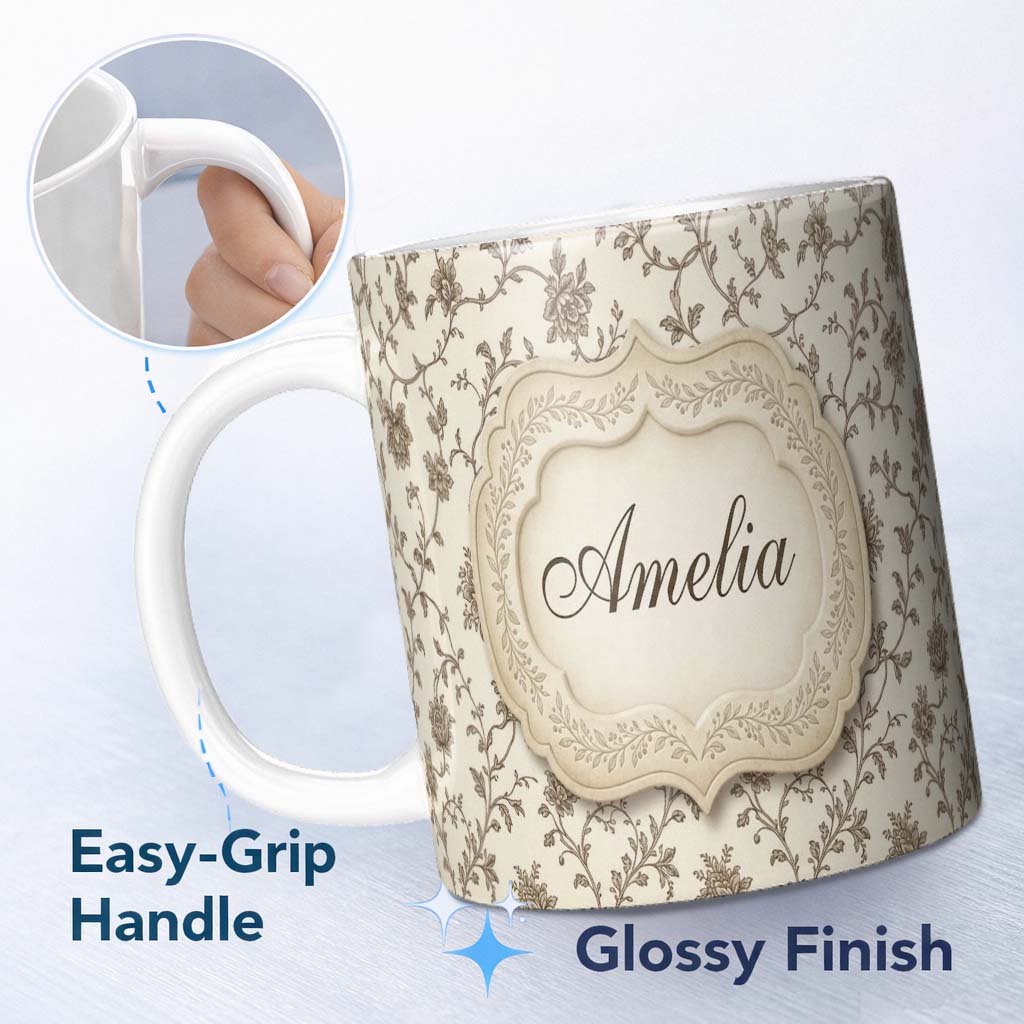 Personalized Custom Name Autumn Floral Leaf Swirl Cream Seamless Pattern Name Cute Unique 11oz Ceramic Coffee Tea Mug White Large Handle