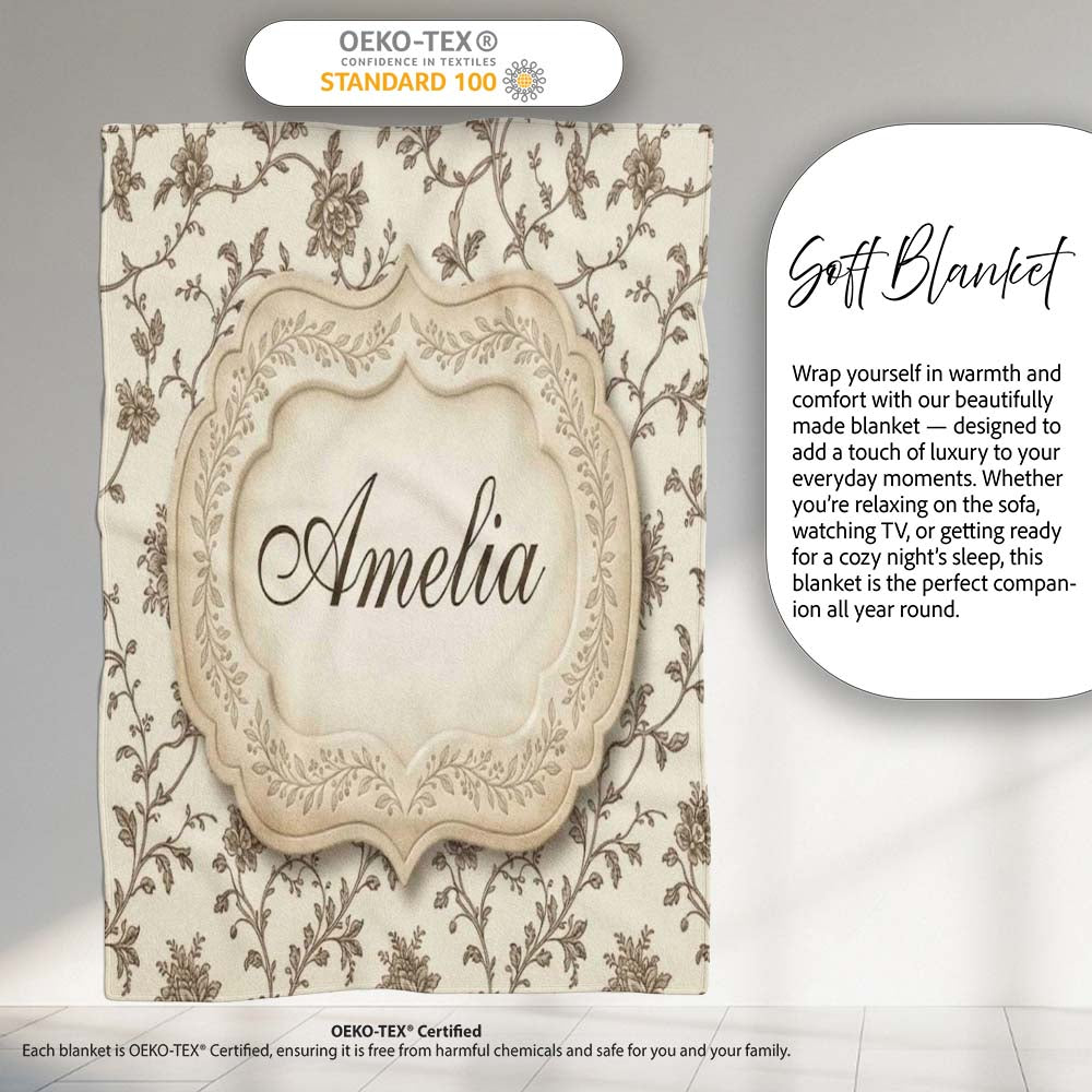Autumn Floral Leaf Swirl Cream Seamless Pattern Name Cute Unique Personalised Custom Name Super Soft Fleece Blanket Bed Sofa Throw