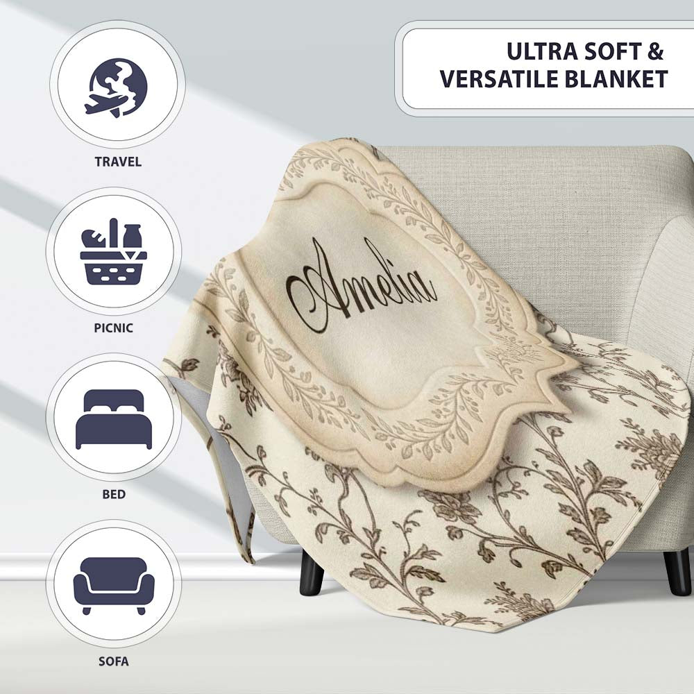 Autumn Floral Leaf Swirl Cream Seamless Pattern Name Cute Unique Personalised Custom Name Super Soft Fleece Blanket Bed Sofa Throw