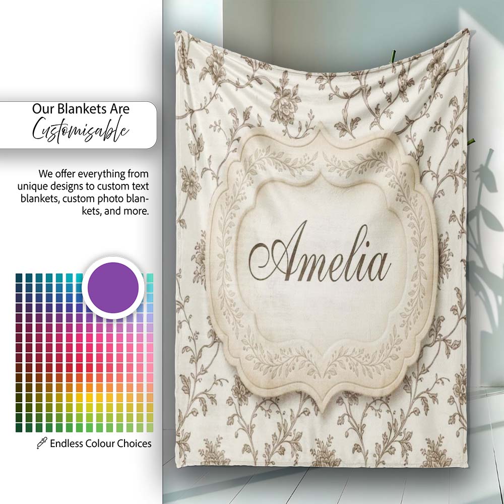Autumn Floral Leaf Swirl Cream Seamless Pattern Name Cute Unique Personalised Custom Name Super Soft Fleece Blanket Bed Sofa Throw