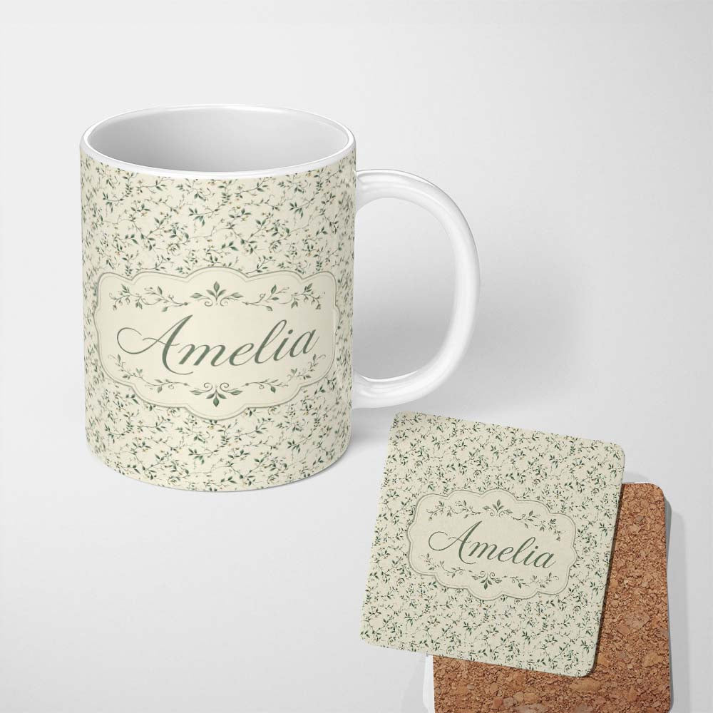 Personalized Custom Name Delicate Green Leaf Vine Minimal Seamless Pattern Name Cute Unique 11oz Ceramic Coffee Tea Mug White Large Handle