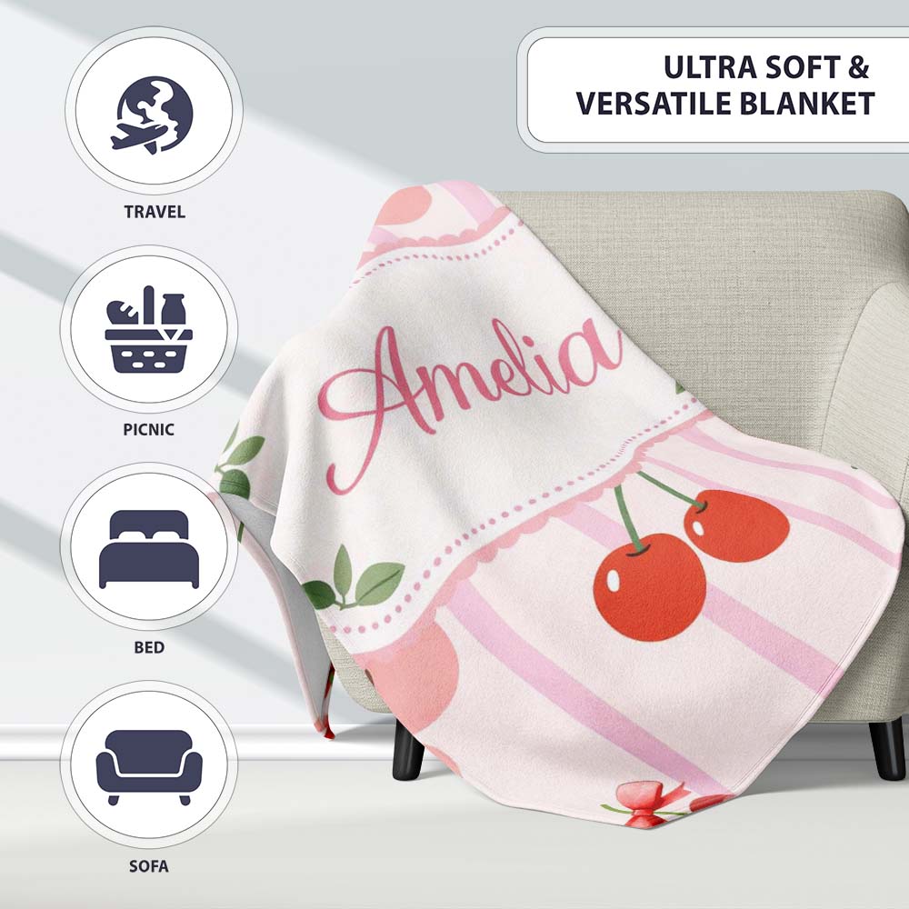 Cherry Fruit Vertical Stripe Pink Background Seamless Pattern Lovely Personalised Custom Name Super Soft Fleece Blanket Bed Sofa Throw