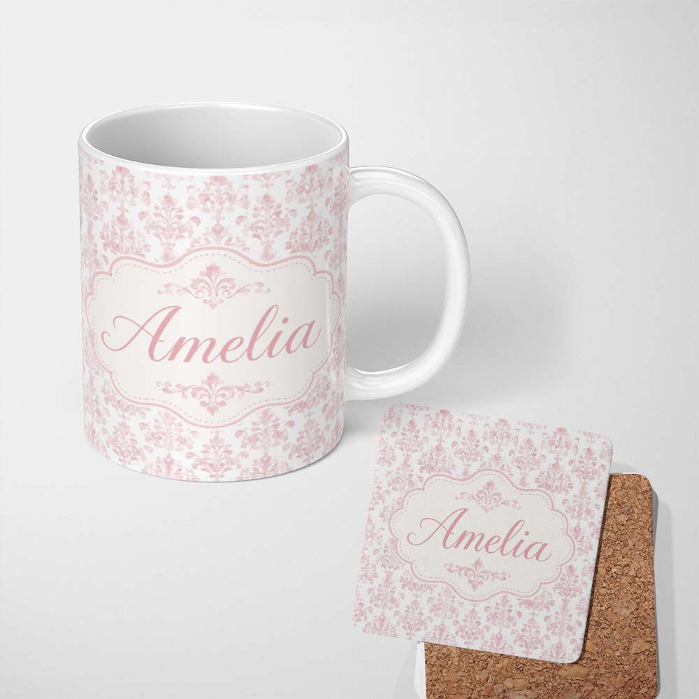 Personalized Custom Name Soft Pink Damask Ornamental Classic Vintage Seamless Pattern Lovely 11oz Ceramic Coffee Tea Mug White Large Handle