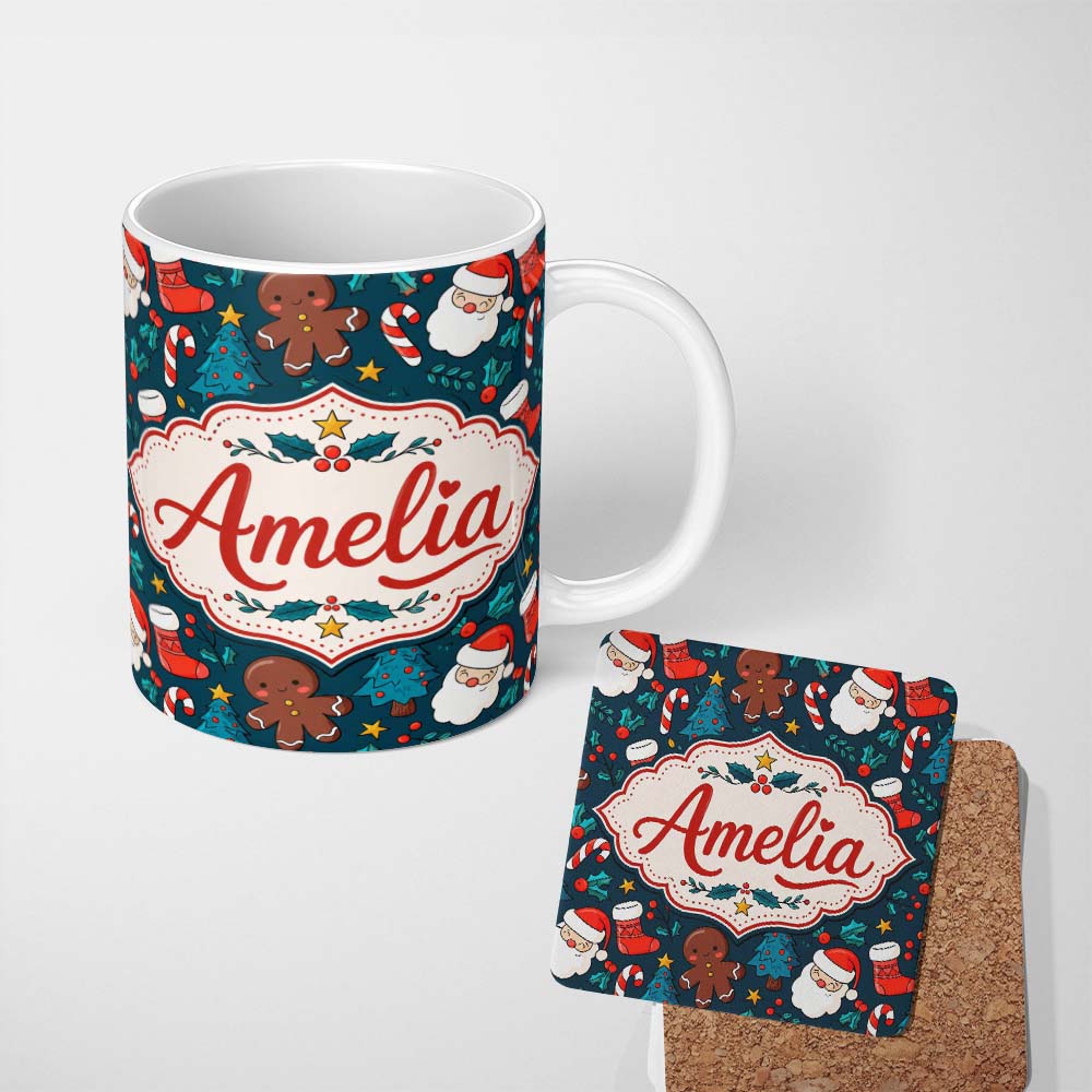Personalized Custom Name Cute Gingerbread Santa Tree Candy Cane Seamless Pattern Design Kids 11oz Ceramic Coffee Tea Mug White Large Handle