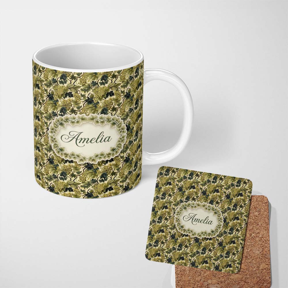 Personalized Custom Name Vintage Green Grape Vine Leaves Seamless Pattern Name Cute Unique 11oz Ceramic Coffee Tea Mug White Large Handle
