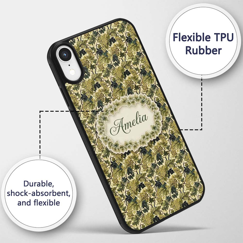 Vintage Green Grape Vine Leaves Seamless Pattern Custom Name Protective Phone Case Mobile Cover Durable Everyday Smartphone Shock Resistant