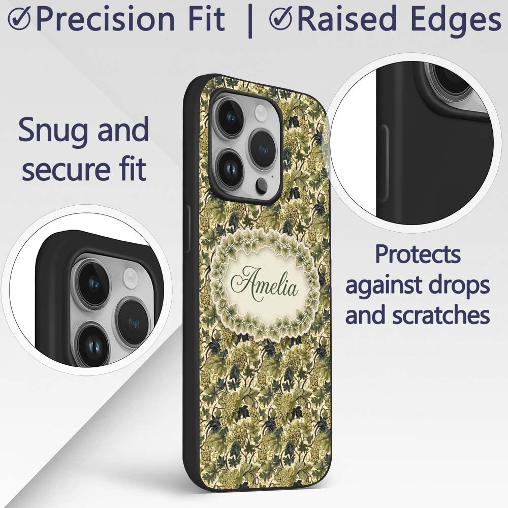 Vintage Green Grape Vine Leaves Seamless Pattern Custom Name Protective Phone Case Mobile Cover Durable Everyday Smartphone Shock Resistant