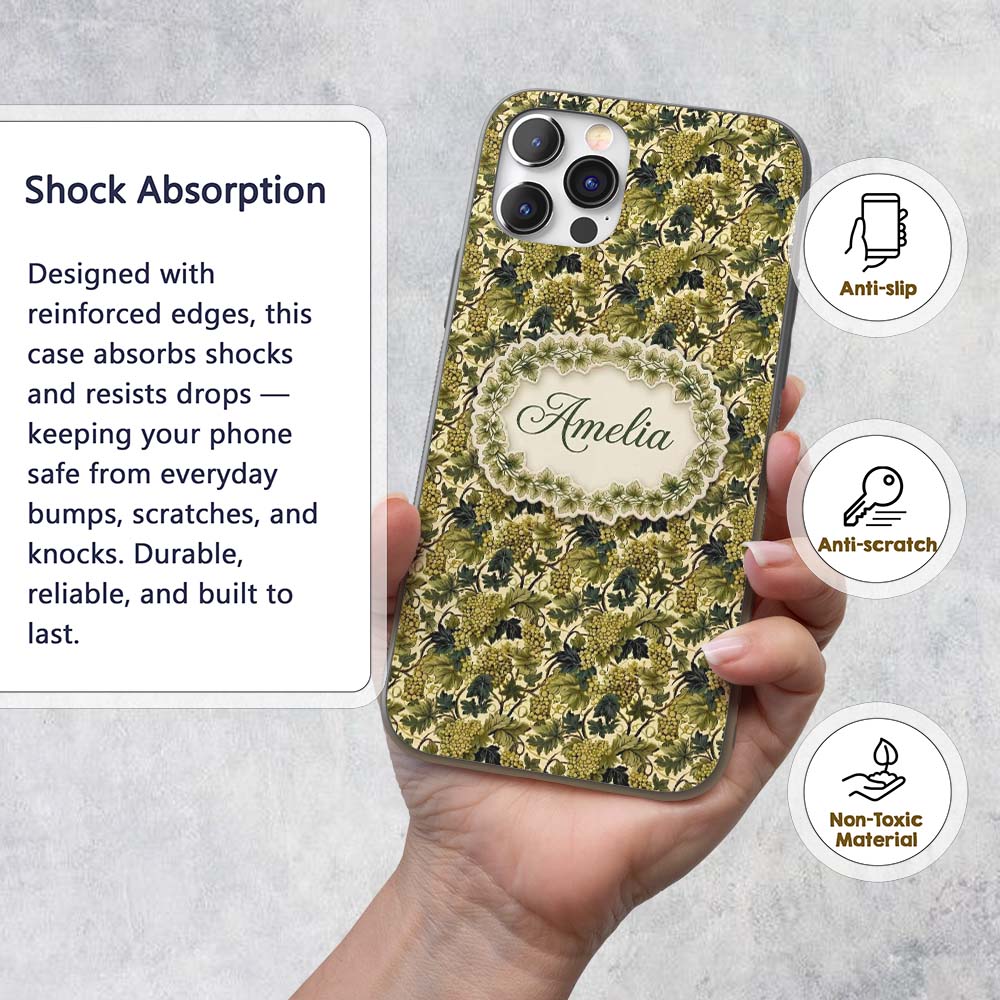 Vintage Green Grape Vine Leaves Seamless Pattern Custom Name Protective Phone Case Mobile Cover Durable Everyday Smartphone Shock Resistant