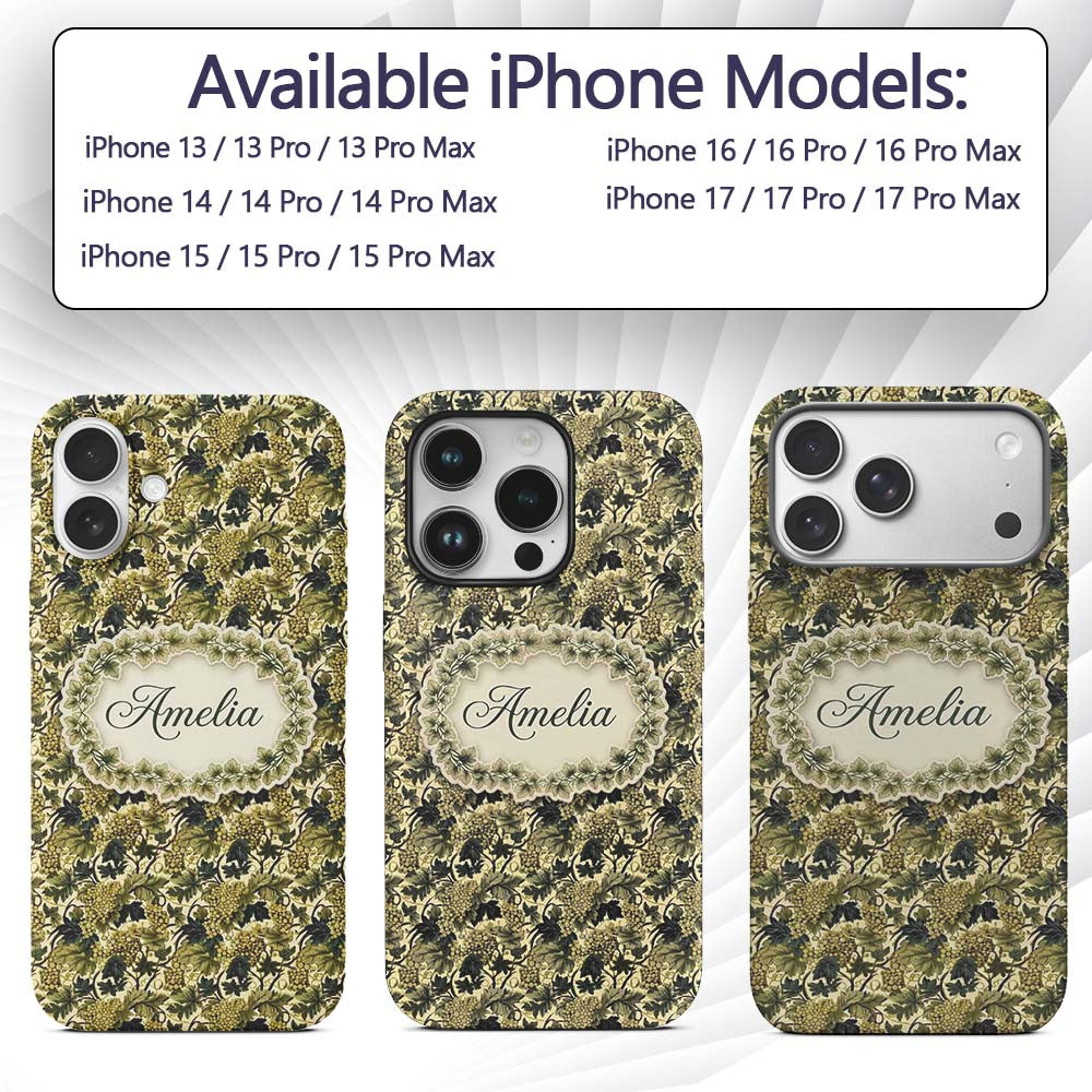 Vintage Green Grape Vine Leaves Seamless Pattern Custom Name Protective Phone Case Mobile Cover Durable Everyday Smartphone Shock Resistant