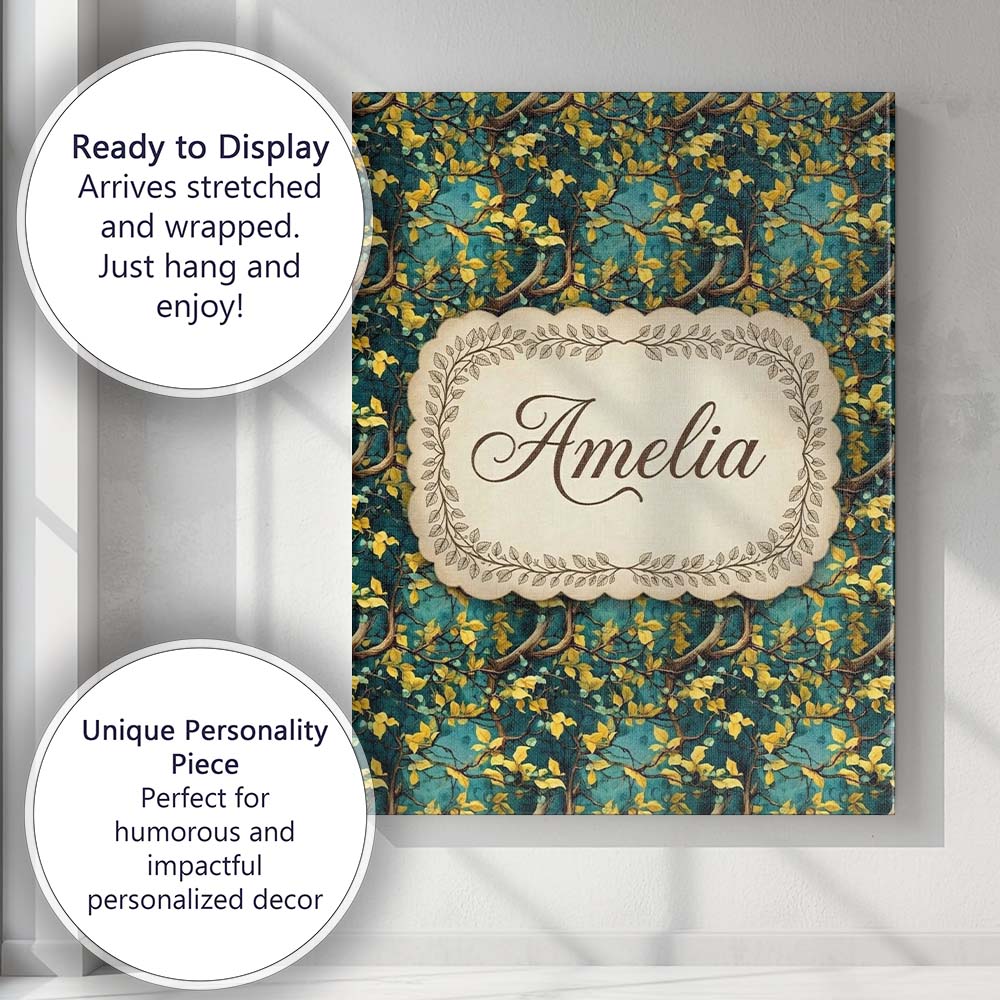 Personalised Name Golden Leaf Branch Teal Custom Unique Gift Idea Elegant Feature Canvas Wall Art Print Decor Picture Ready to Hang