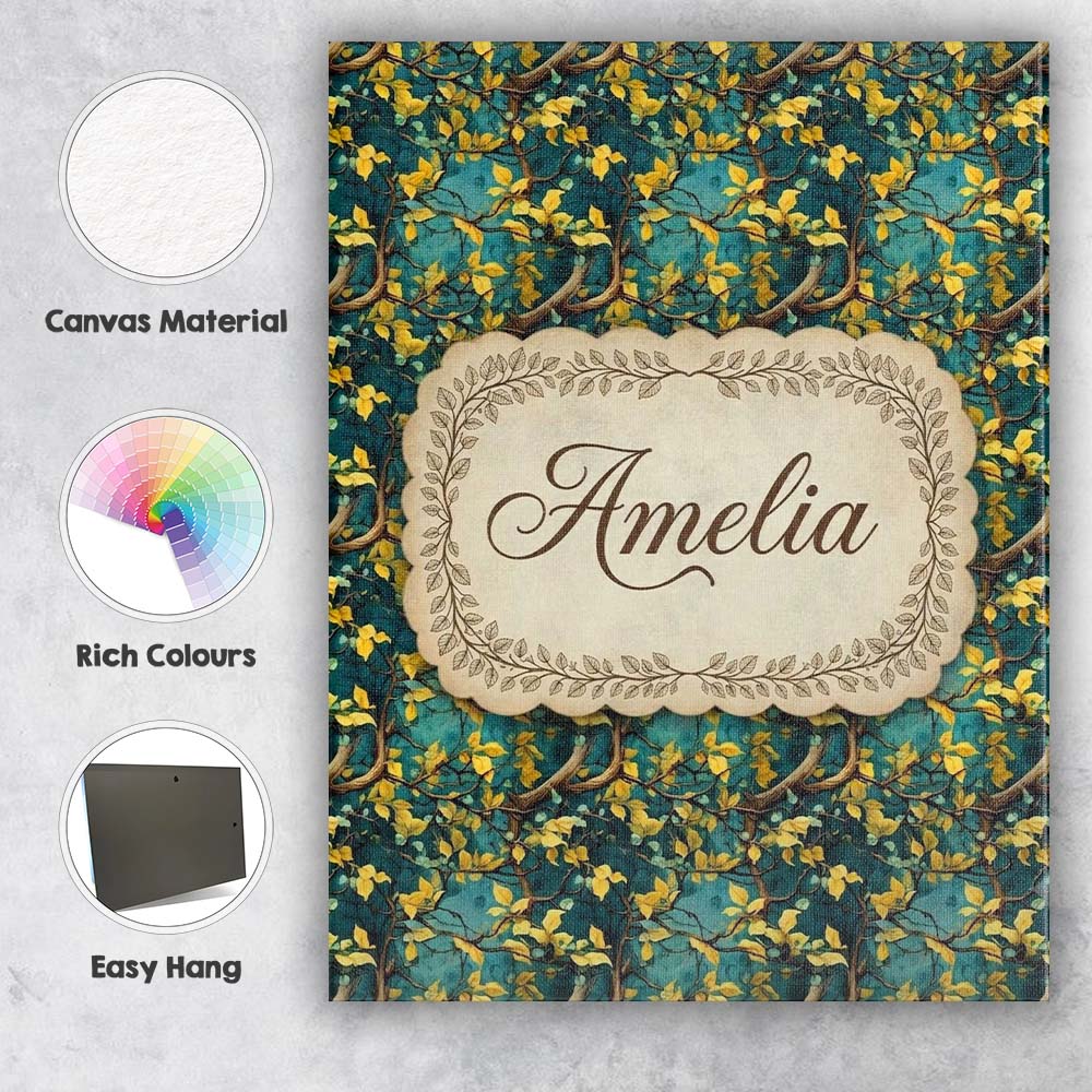 Personalised Name Golden Leaf Branch Teal Custom Unique Gift Idea Elegant Feature Canvas Wall Art Print Decor Picture Ready to Hang