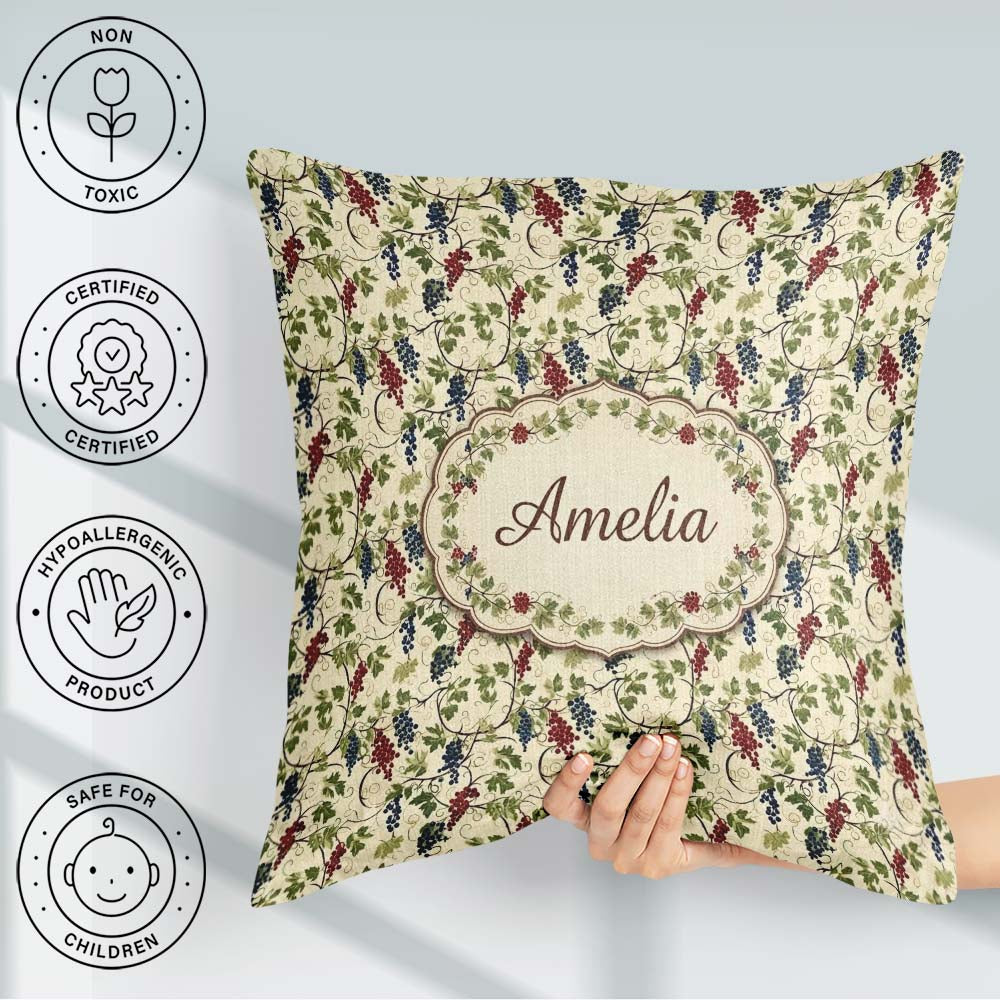 Custom Name Red and Blue Berry Vine Leaves Seamless Pattern Name Square Filled Cushion Throw Pillow Sofa Bed Home Decor Zip Washable UK Made