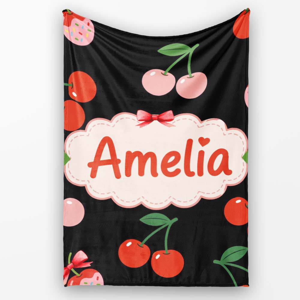 Cherry Fruit Vertical Stripe Soft Pastel Background Seamless Pattern Personalised Custom Name Super Soft Fleece Blanket Bed Sofa Throw