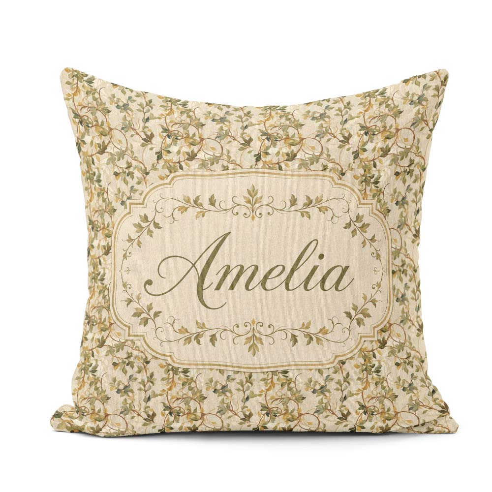 Custom Name Soft Neutral Botanical Vine Leaves Pattern Name Cute Square Filled Cushion Throw Pillow Sofa Bed Home Decor Zip Washable UK Made