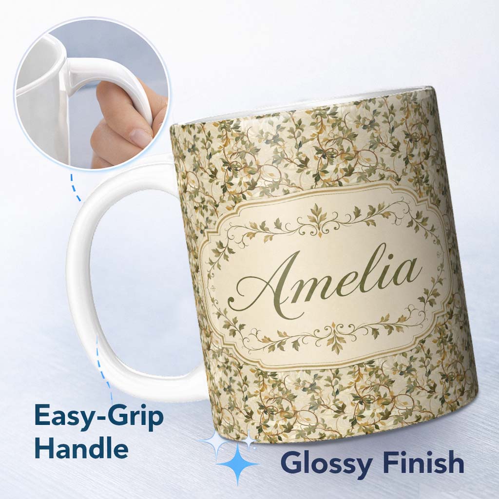 Personalized Custom Name Soft Neutral Botanical Vine Leaves Seamless Pattern Name Cute 11oz Ceramic Coffee Tea Mug White Large Handle