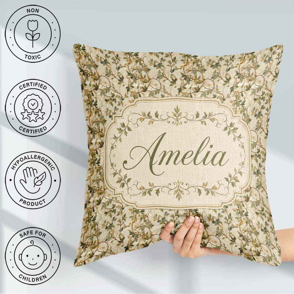 Custom Name Soft Neutral Botanical Vine Leaves Pattern Name Cute Square Filled Cushion Throw Pillow Sofa Bed Home Decor Zip Washable UK Made