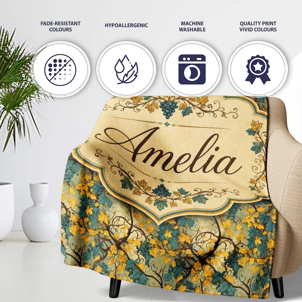 Autumn Yellow Leaf Grape Vine Seamless Pattern Name Cute Unique Gift Personalised Custom Name Super Soft Fleece Blanket Bed Sofa Throw