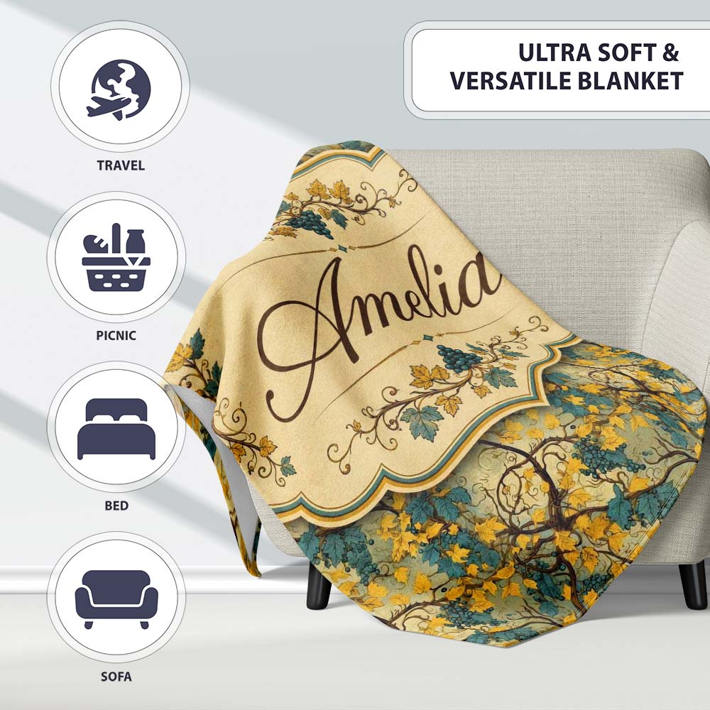 Autumn Yellow Leaf Grape Vine Seamless Pattern Name Cute Unique Gift Personalised Custom Name Super Soft Fleece Blanket Bed Sofa Throw