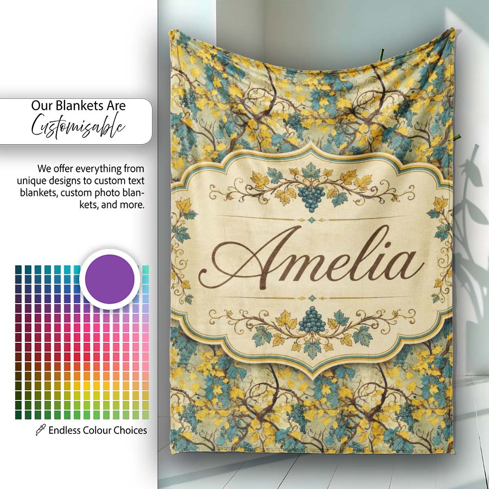 Autumn Yellow Leaf Grape Vine Seamless Pattern Name Cute Unique Gift Personalised Custom Name Super Soft Fleece Blanket Bed Sofa Throw