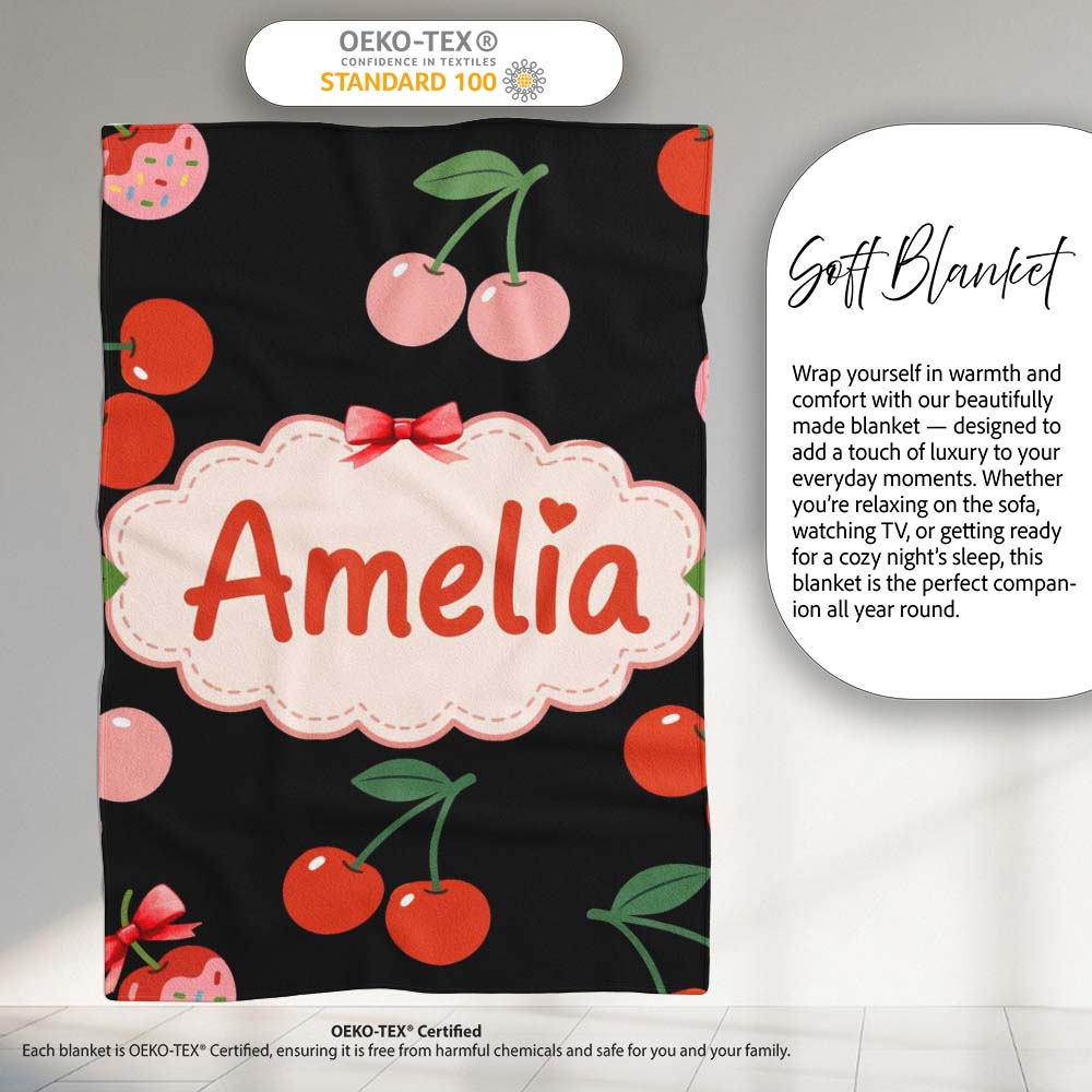 Cherry Fruit Vertical Stripe Soft Pastel Background Seamless Pattern Personalised Custom Name Super Soft Fleece Blanket Bed Sofa Throw