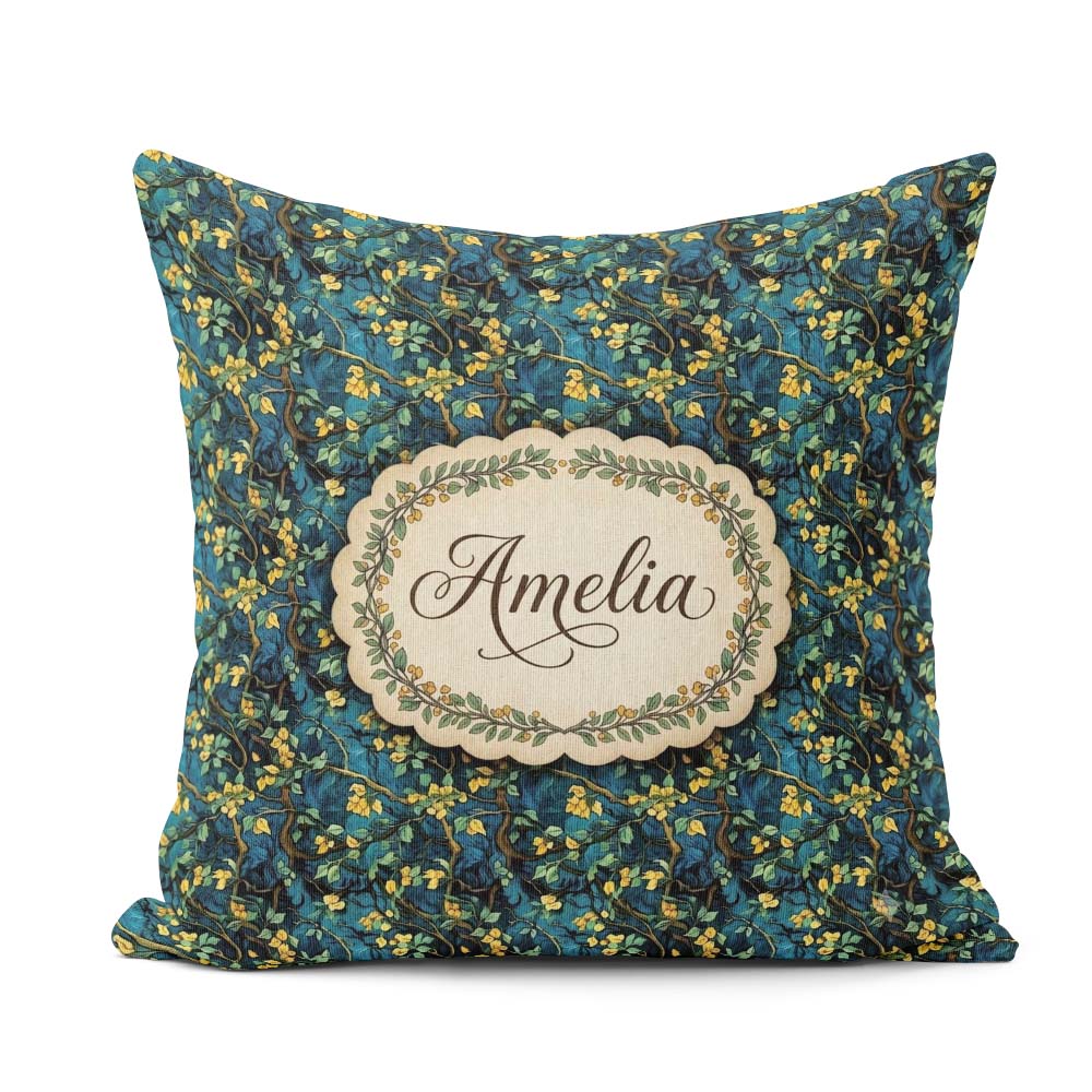 Custom Name Dark Teal Floral Vine Yellow Leaves Seamless Pattern Square Filled Cushion Throw Pillow Sofa Bed Home Decor Zip Washable UK Made