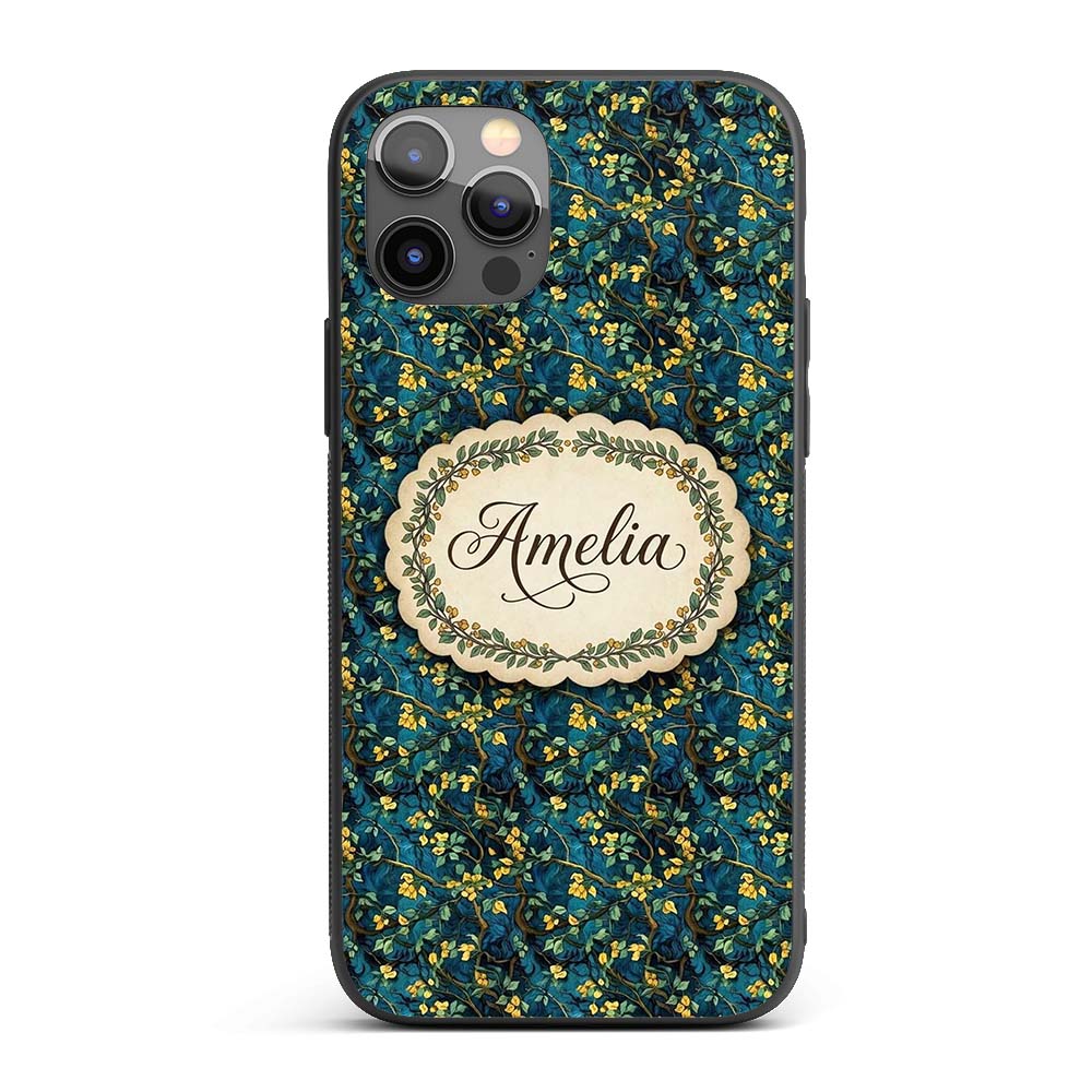 Dark Teal Floral Vine with Yellow Leaves Seamless Custom Name Protective Phone Case Mobile Cover Durable Everyday Smartphone Shock Resistant