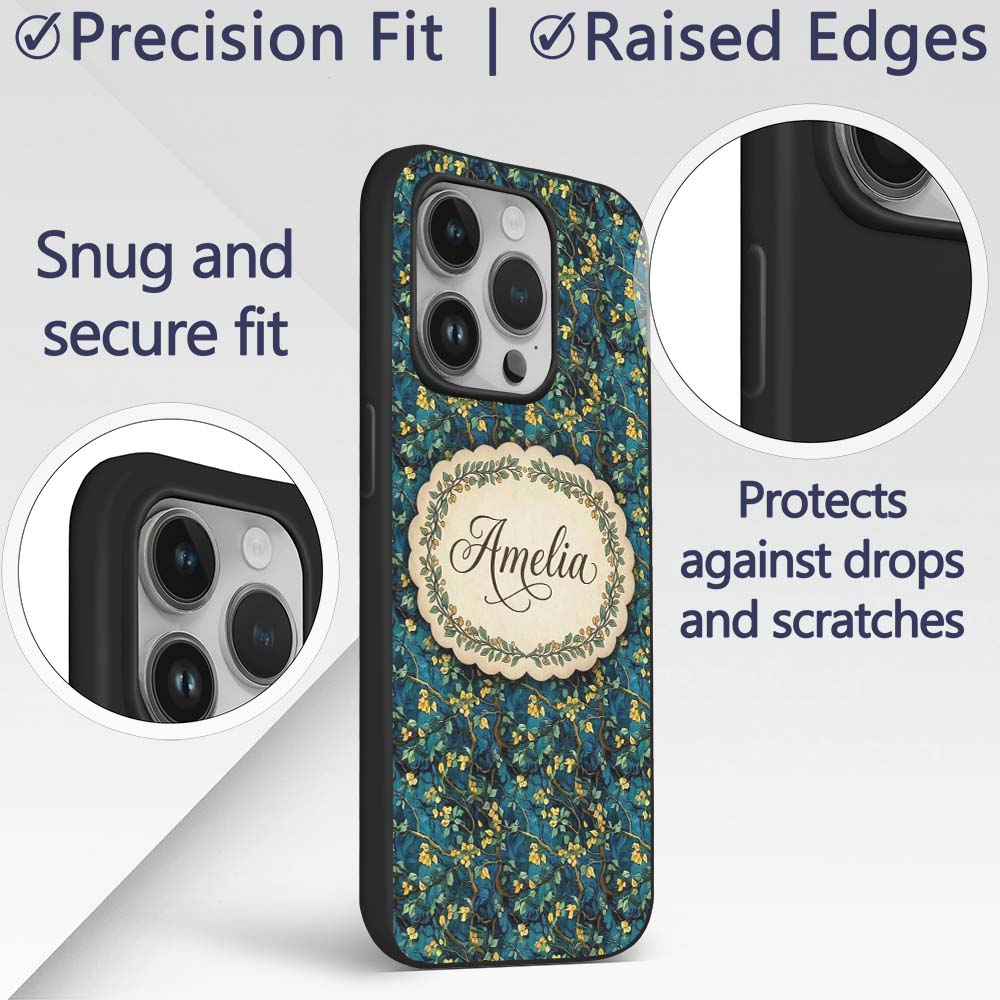 Dark Teal Floral Vine with Yellow Leaves Seamless Custom Name Protective Phone Case Mobile Cover Durable Everyday Smartphone Shock Resistant