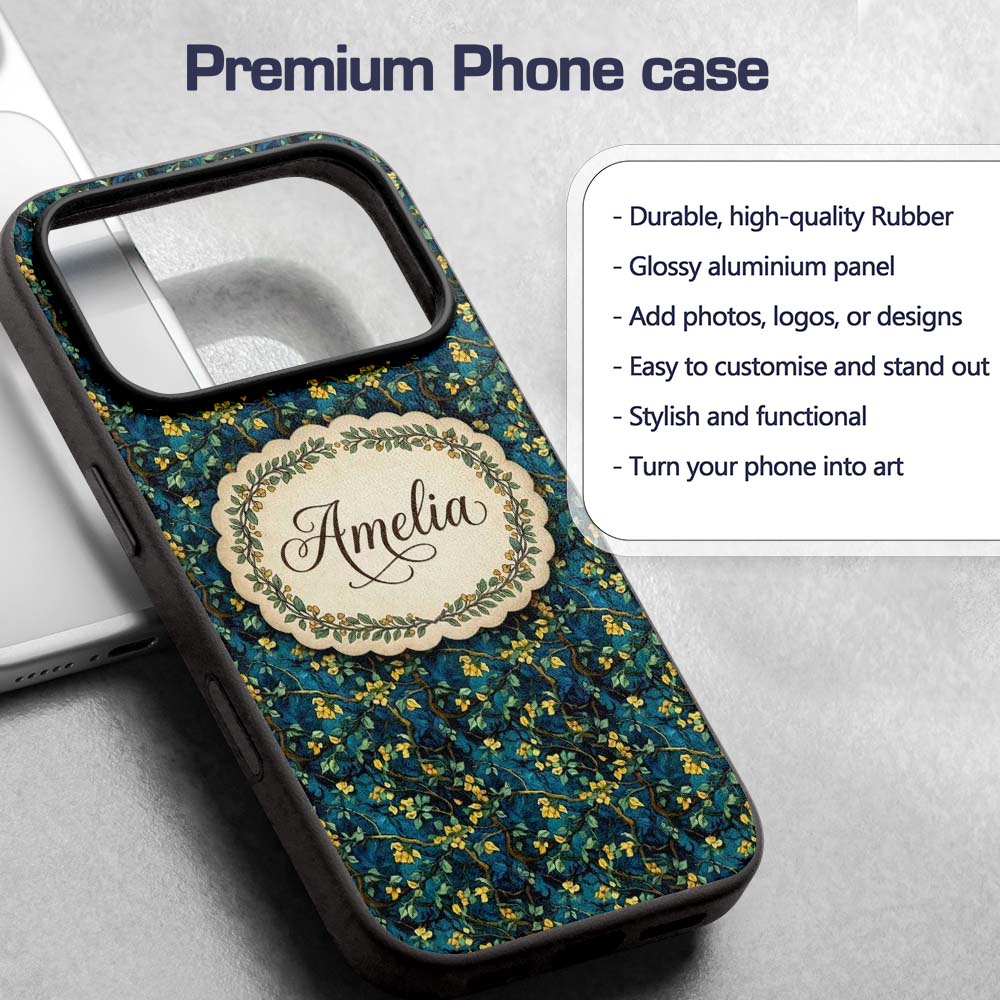 Dark Teal Floral Vine with Yellow Leaves Seamless Custom Name Protective Phone Case Mobile Cover Durable Everyday Smartphone Shock Resistant