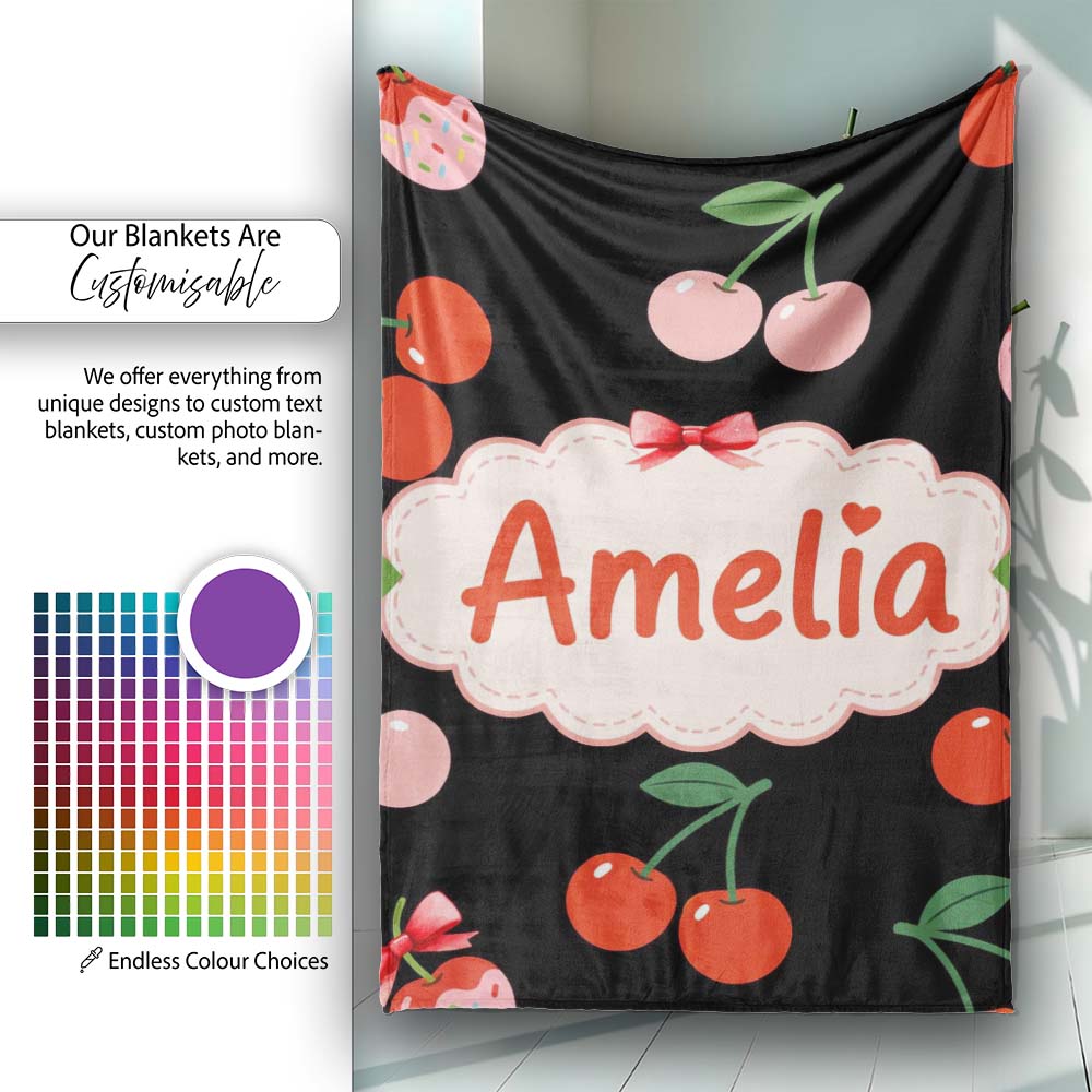 Cherry Fruit Vertical Stripe Soft Pastel Background Seamless Pattern Personalised Custom Name Super Soft Fleece Blanket Bed Sofa Throw
