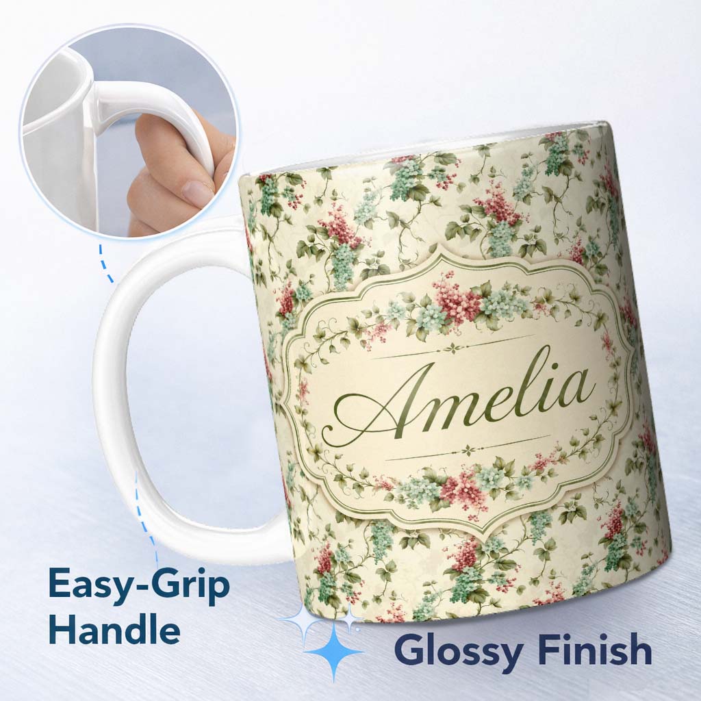 Personalized Custom Name Pastel Floral Berry Vine Elegant Seamless Pattern Name Cute Unique 11oz Ceramic Coffee Tea Mug White Large Handle