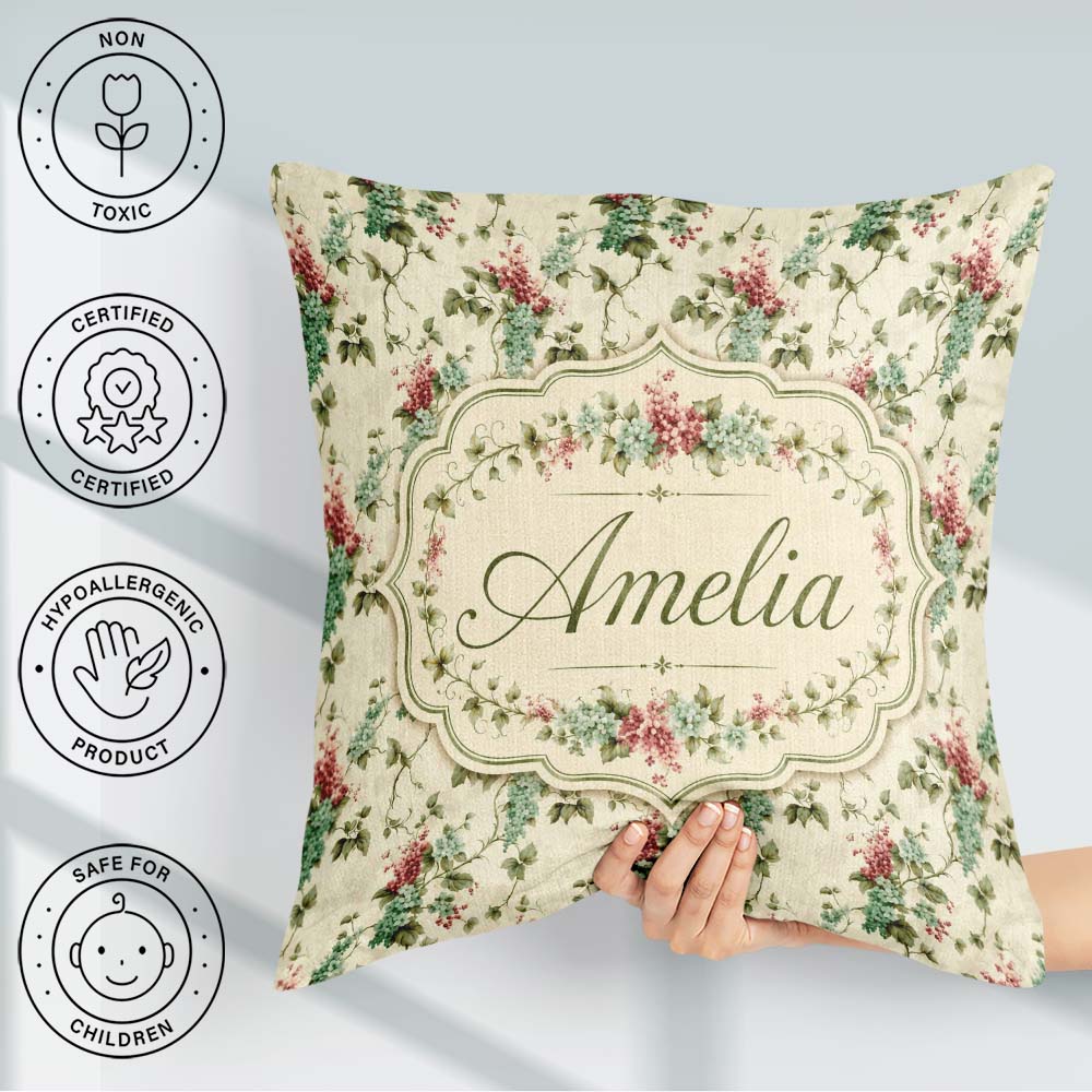 Custom Name Pastel Berry Vine Elegant Seamless Pattern Name Cute Square Filled Cushion Throw Pillow Sofa Bed Home Decor Zip Washable UK Made