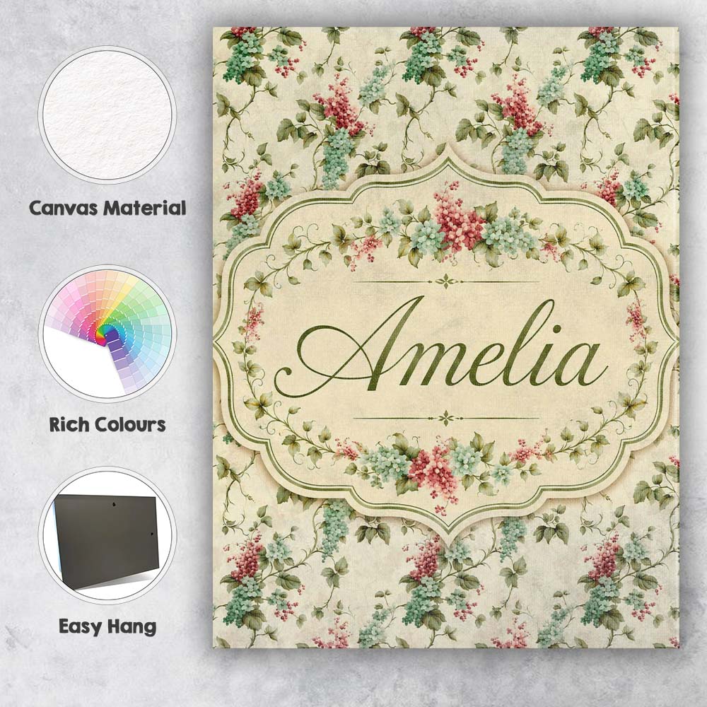 Personalised Name Pastel Floral Berry Vine Custom Unique Gift Idea Elegant Feature Canvas Wall Art Print Decor Picture Ready to Hang