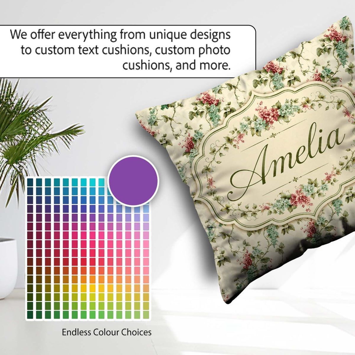Custom Name Pastel Berry Vine Elegant Seamless Pattern Name Cute Square Filled Cushion Throw Pillow Sofa Bed Home Decor Zip Washable UK Made
