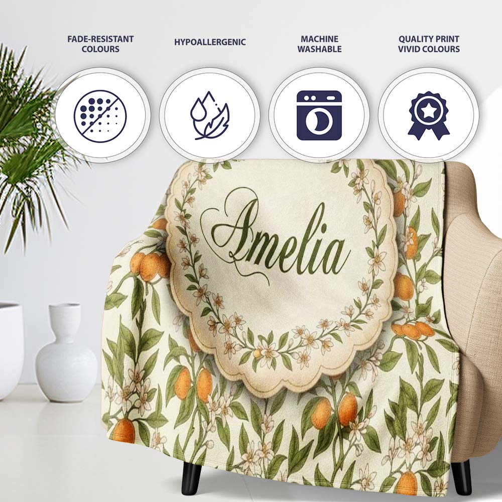 Vintage Orange Blossom Branch Seamless Pattern Name Cute Unique Gift Personalised Custom Name Super Soft Fleece Blanket Bed Sofa Throw