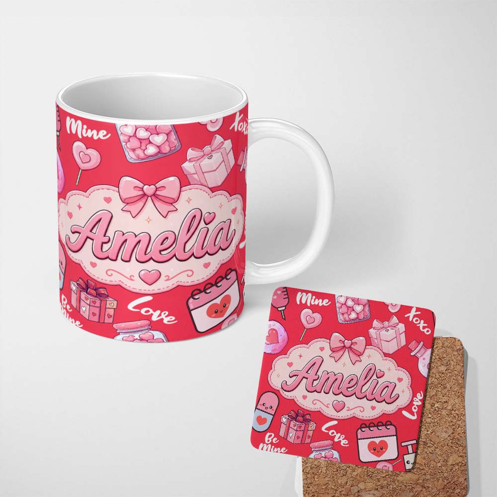 Personalized Custom Name Cute Kawaii Valentine Love Hearts Syringe Gift Calendar Pattern Red 11oz Ceramic Coffee Tea Mug White Large Handle