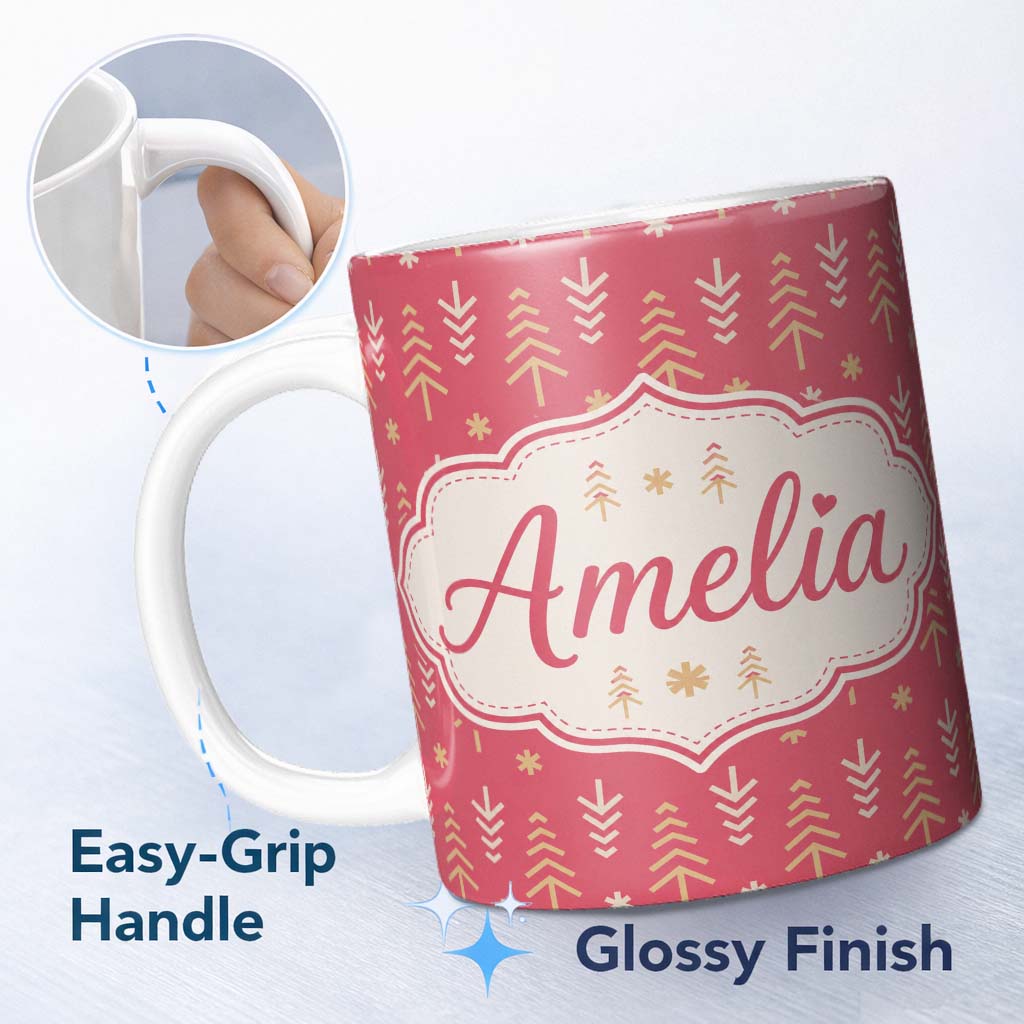 Personalized Custom Name Minimal Scandinavian Christmas Tree Arrow Seamless Pattern Lovely 11oz Ceramic Coffee Tea Mug White Large Handle