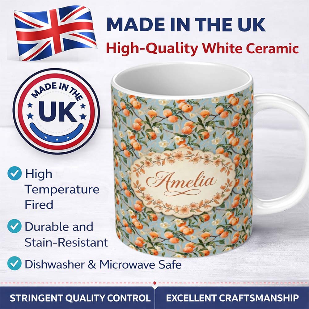 Personalized Custom Name Blue Background Peach Blossom Fruit Seamless Pattern Name Cute 11oz Ceramic Coffee Tea Mug White Large Handle