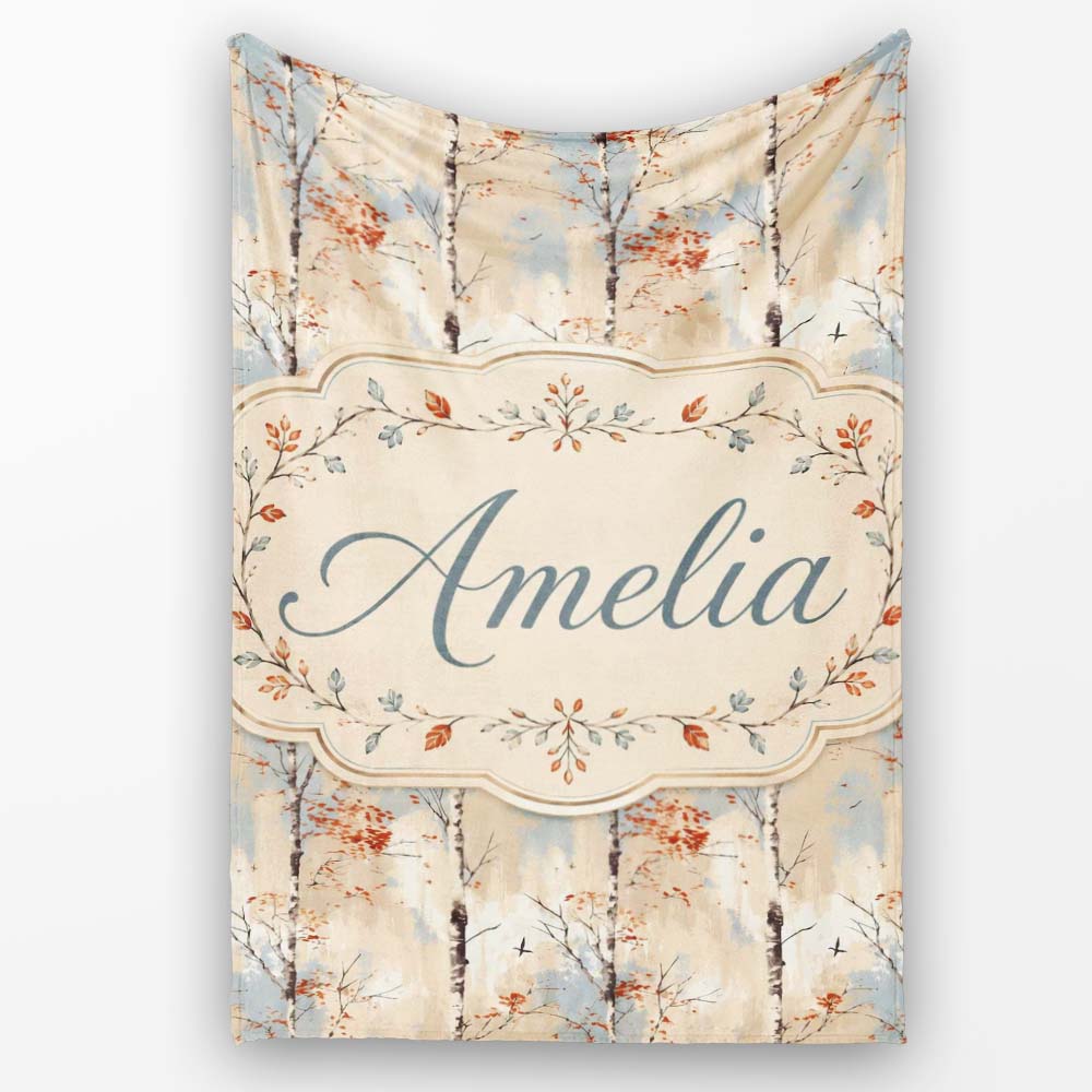 Minimal Birch Tree Autumn Leaves Seamless Pattern Name Cute Unique Personalised Custom Name Super Soft Fleece Blanket Bed Sofa Throw