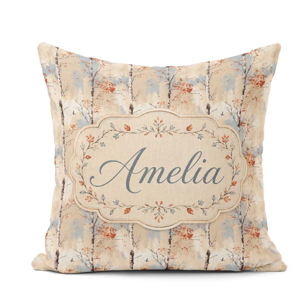 Custom Name Minimal Birch Tree Autumn Seamless Pattern Name Cute Square Filled Cushion Throw Pillow Sofa Bed Home Decor Zip Washable UK Made