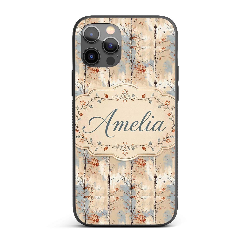 Minimal Birch Tree Autumn Leaves Seamless Pattern Custom Name Protective Phone Case Mobile Cover Durable Everyday Smartphone Shock Resistant